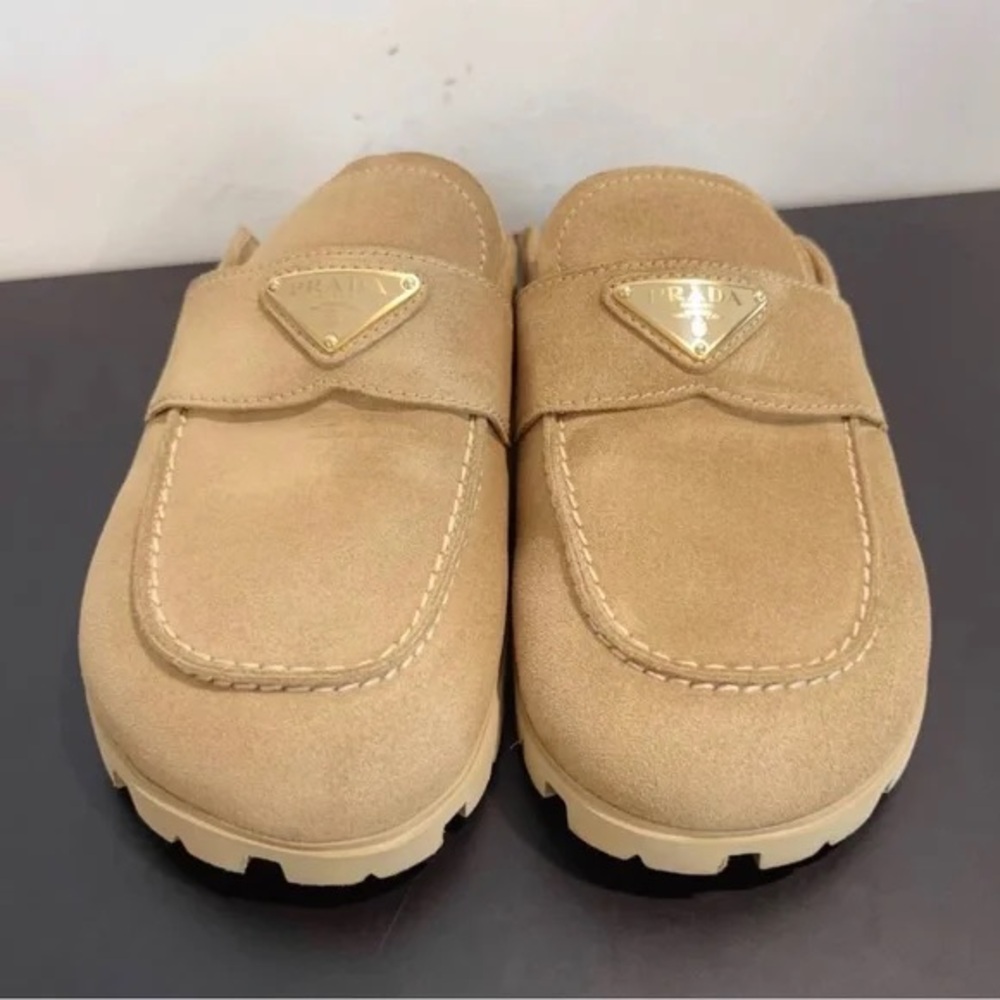 Prada Tan Suede Mules with Gold Logo